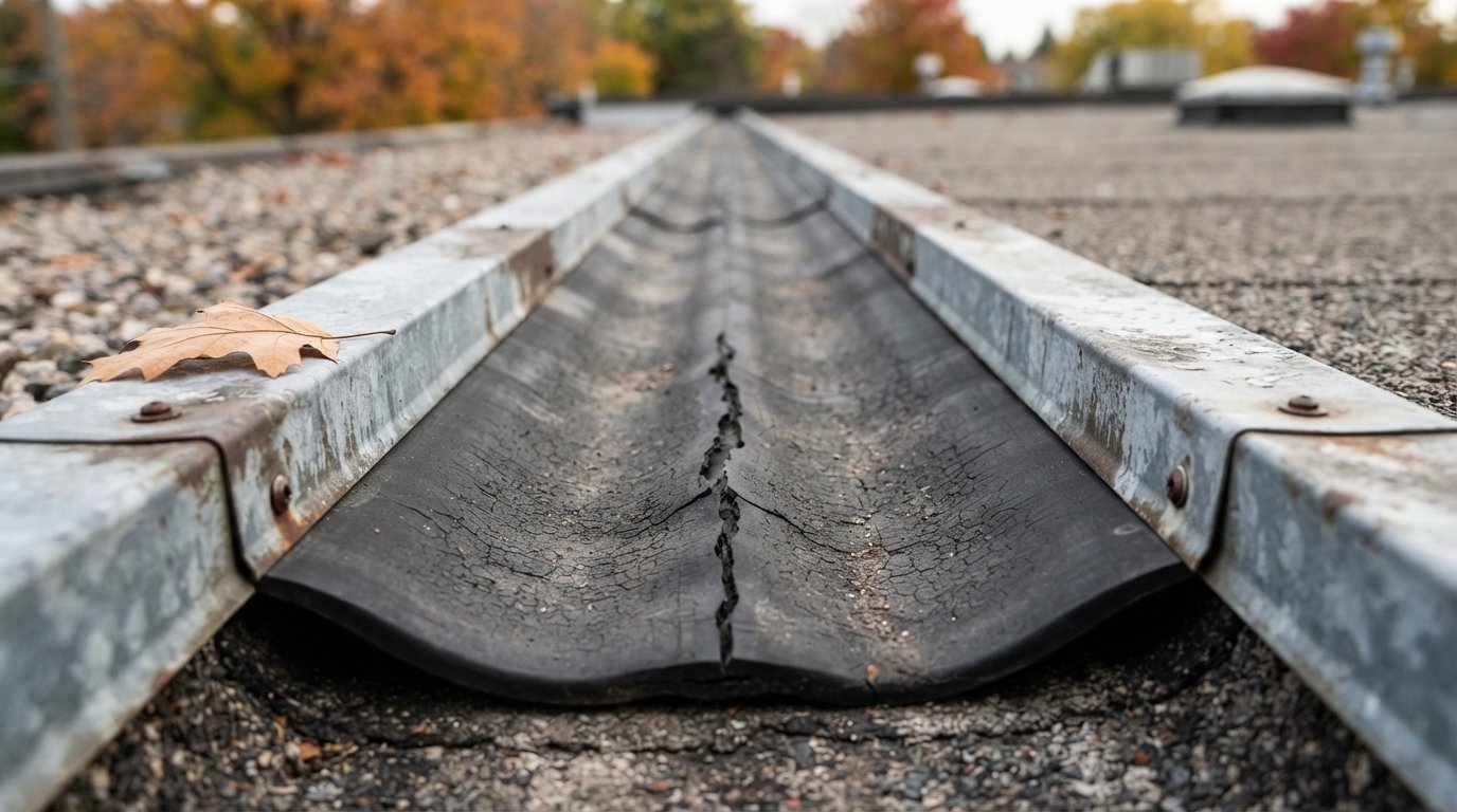 Close-up of a cracked rubber bellows on an aged roof expansion joint cover