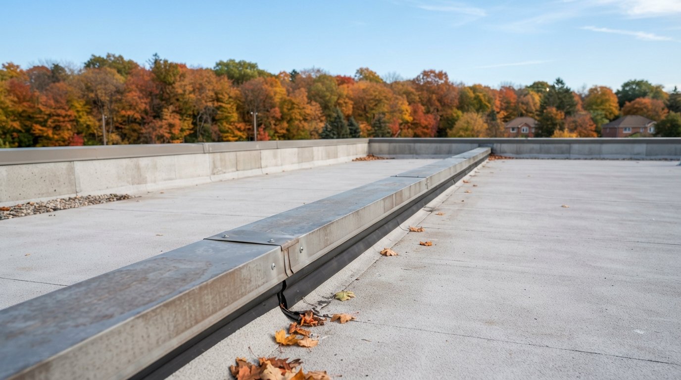 Raised roof expansion joint curb running across a commercial flat roof toward a parapet in autumn
