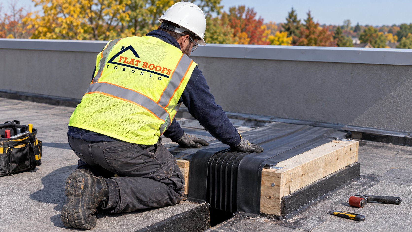 Roofer fitting a new flexible cover over a roof expansion joint curb during a commercial re-roof